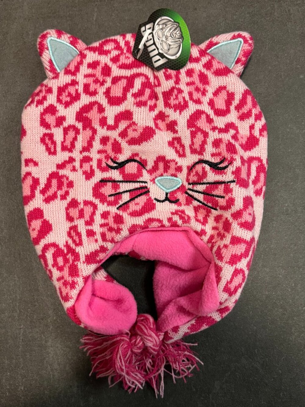 Pugs Pink Leopard Cat Face Knit Hat Tassel NWT
